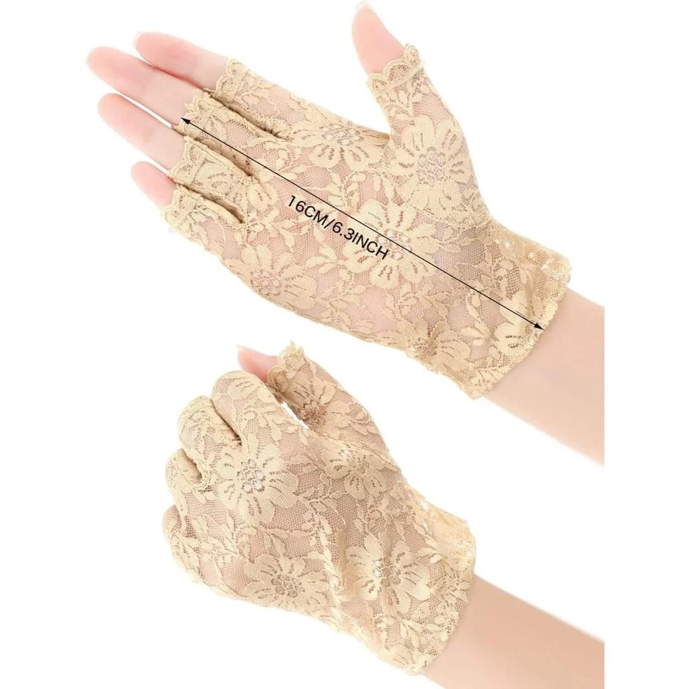 Women's Nude Floral Short Lace Gloves Sunblock Fingerless Bridal Opera Party